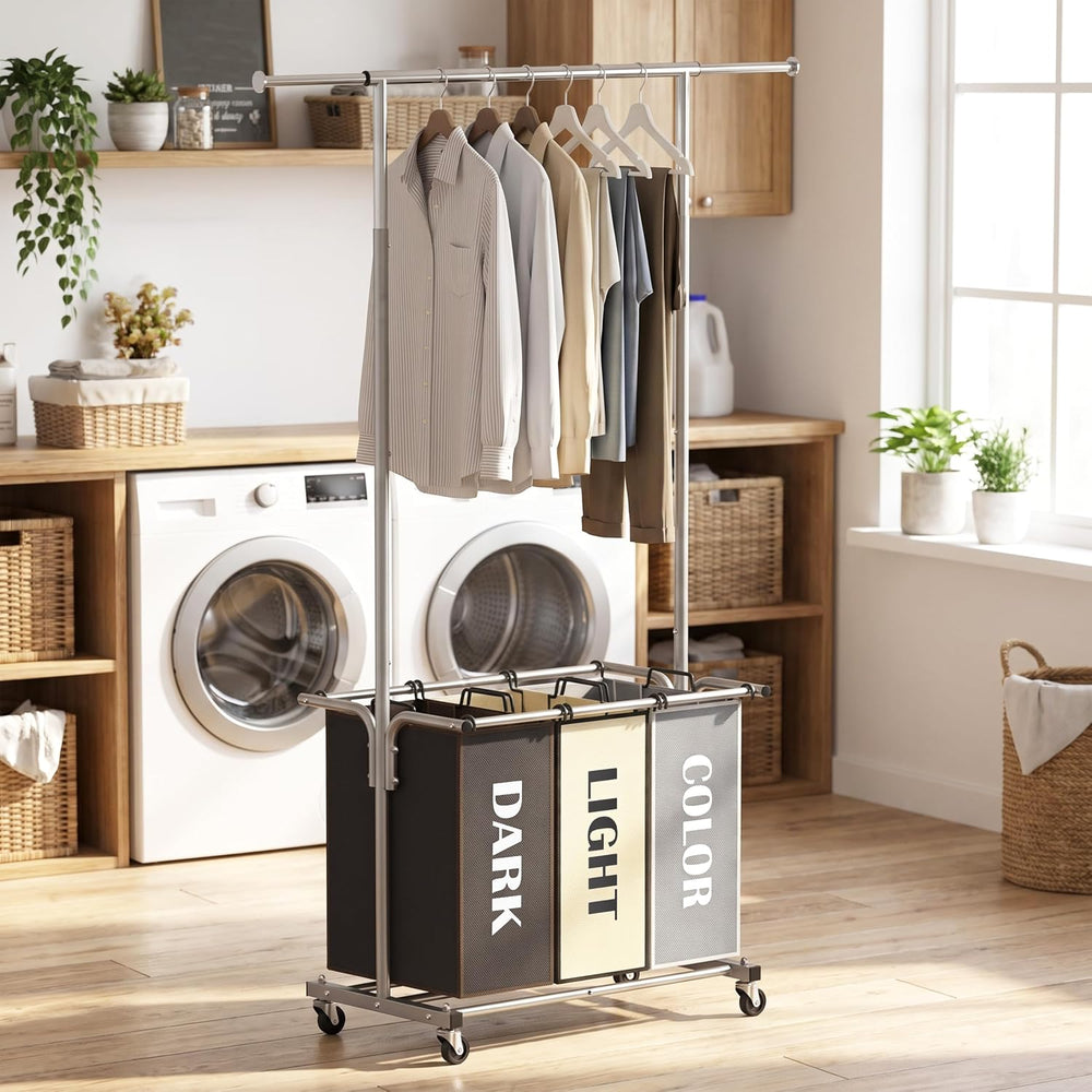 Simple Houseware 3 Bags Laundry Sorter Cart with Hanging Rod, Multi Color