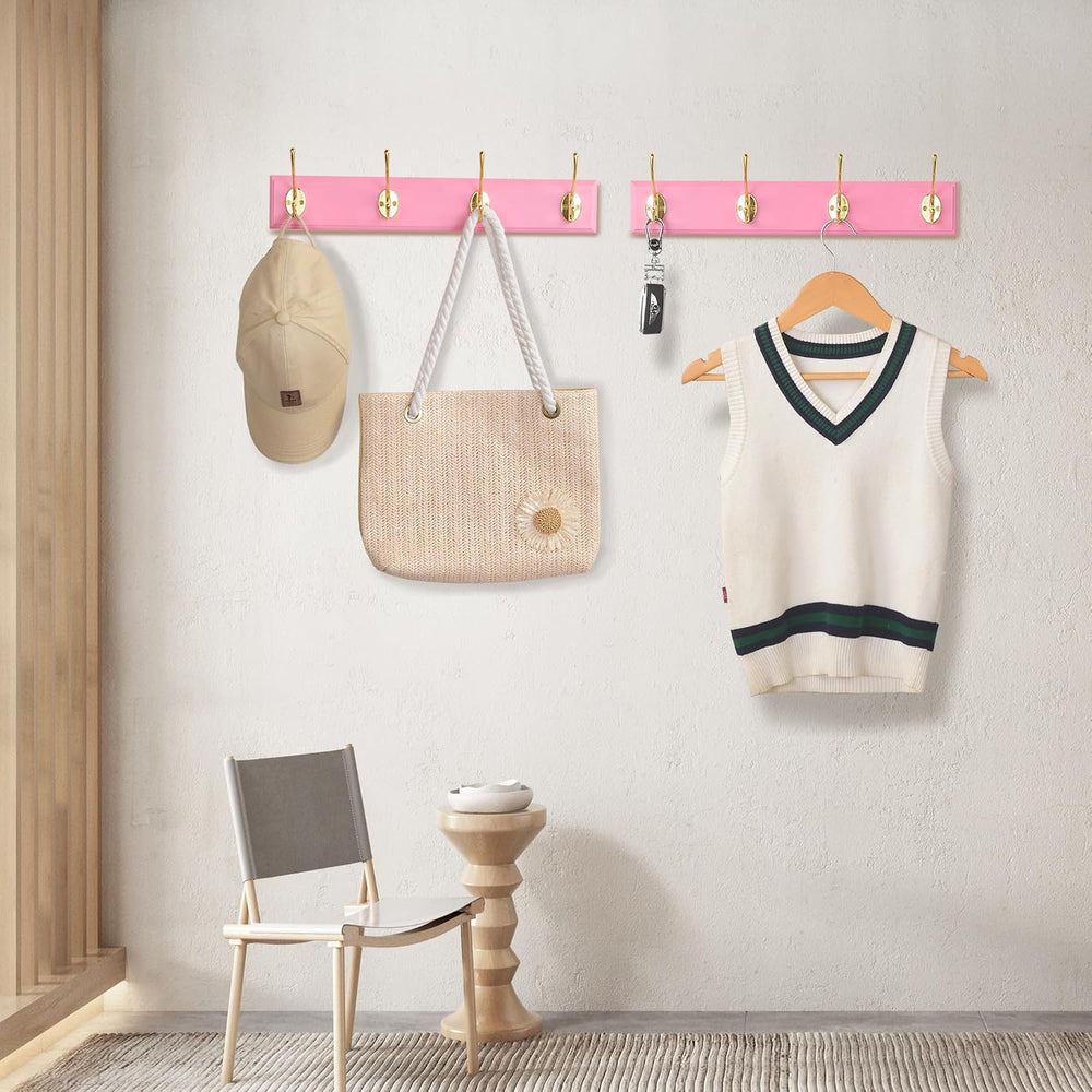 Wall Mount Bamboo Coat Rack, 17 Inch, 4 Double Hooks,2 Pack, Pink and Gold