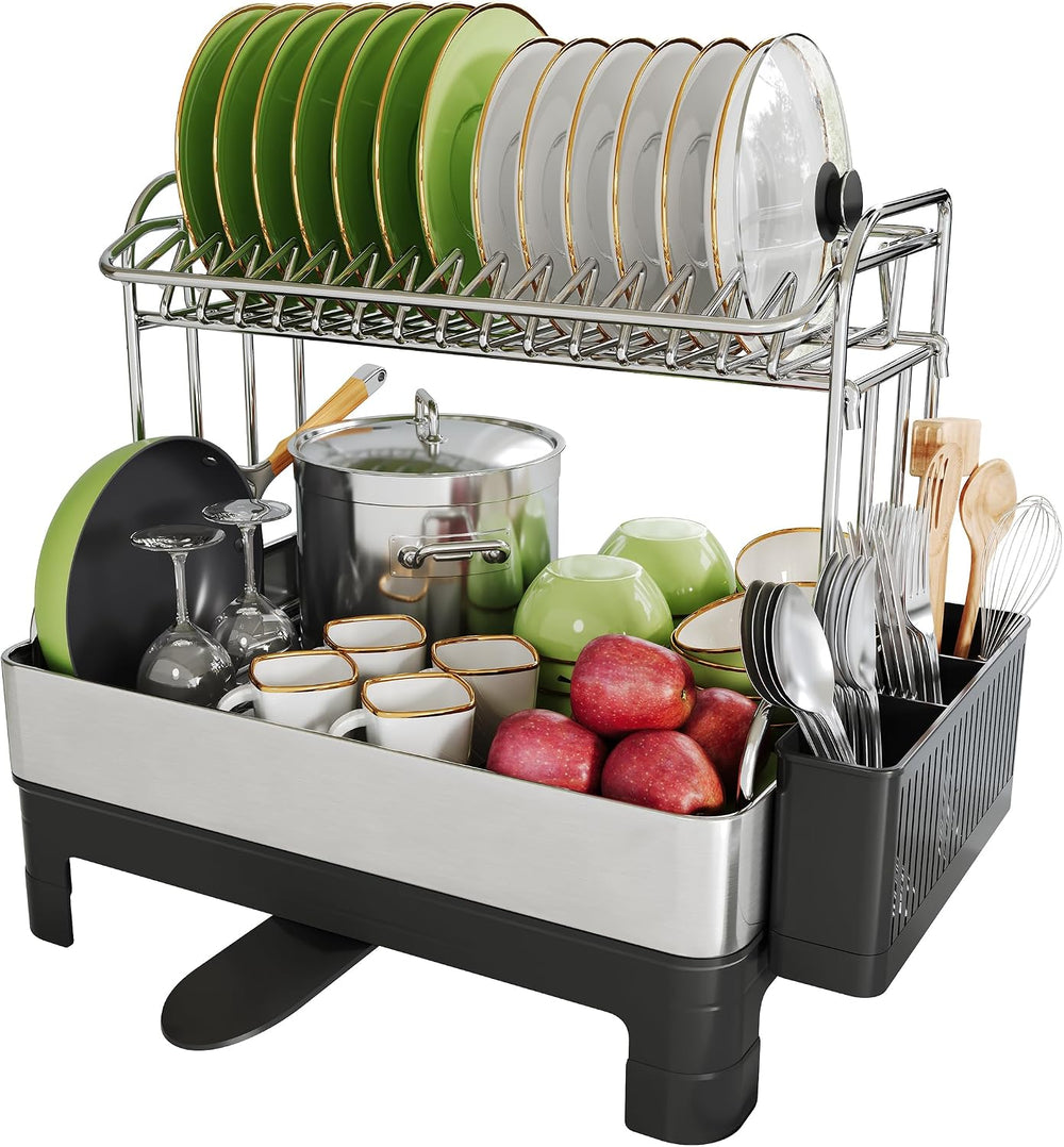 BOOSINY 2 Tier Large Stainless Steel Dish Drying Rack with Drain Board