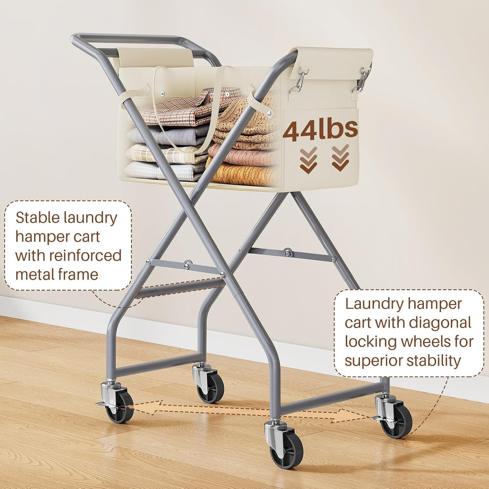 No-Bend Laundry Cart- Rolling Hamper with Locking Wheels & Handle, Foldab...