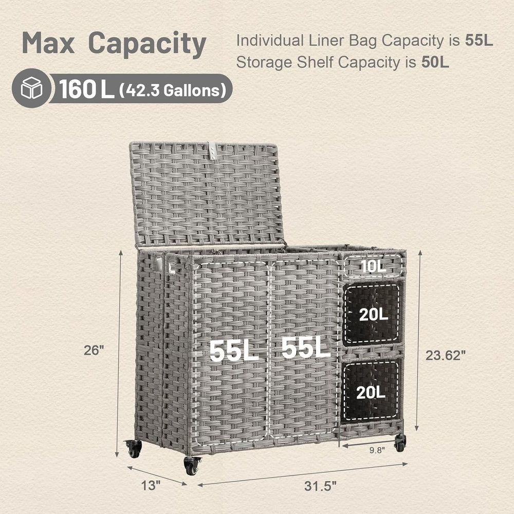 Laundry Hamper with Wheels, 42.3 Gal.(160 L) Laundry Sorter with Shelves, Rat...