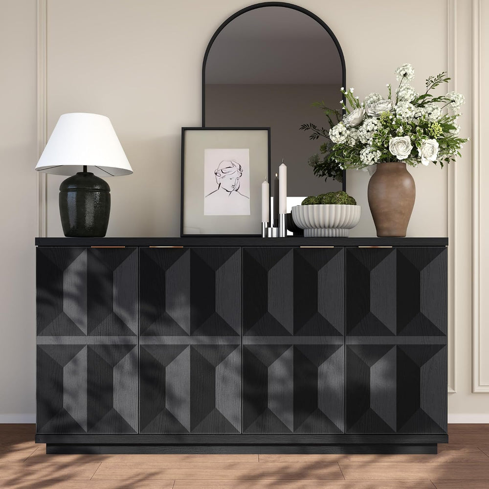 Yechen 118" W Modular Sideboard Cabinet with 3D Geometric Doors, Black
