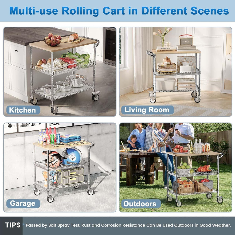 Rolling Kitchen Carts with Wheels, 3-Tier Utility Cart with Wood Tabletop