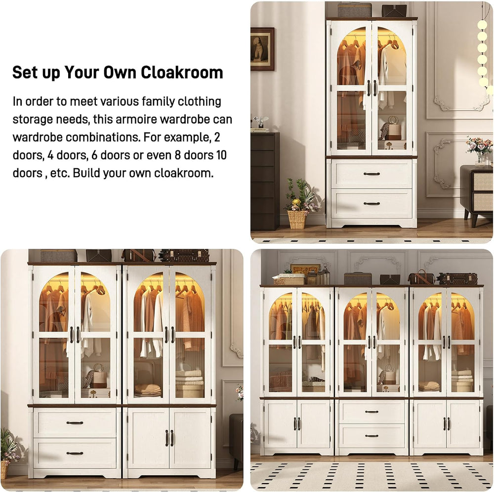 Tall Farmhouse 6 Doors Armoire Wardrobe Closet with LED ,72" Freestandin...