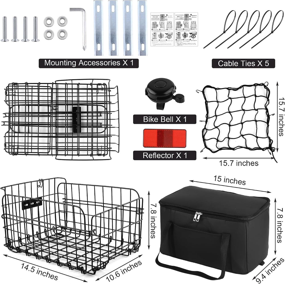 Aodaer Bike Basket with Removable Liner Bag Cargo Net Large Folding Bike Bask...
