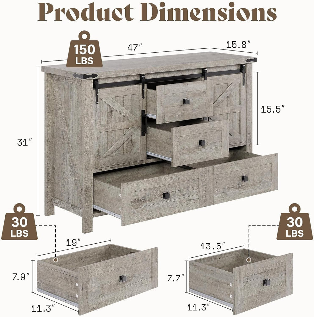 AMERLIFE 47" Farmhouse 4-Drawer Dresser with Barn Doors, Light Rustic Oak