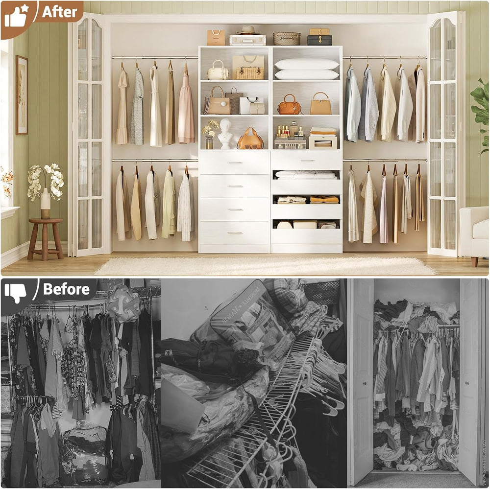 Aheaplus Closet System, 6-15Ft Closet Organizer with 8 Wooden Drawers,White