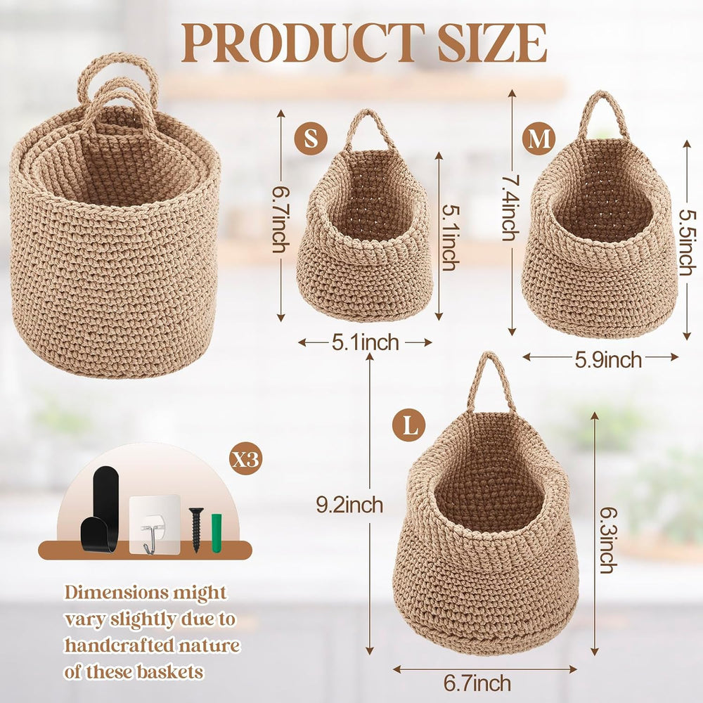Honeydak 3 Hanging Baskets, Light Brown, Wide Bucket Basket