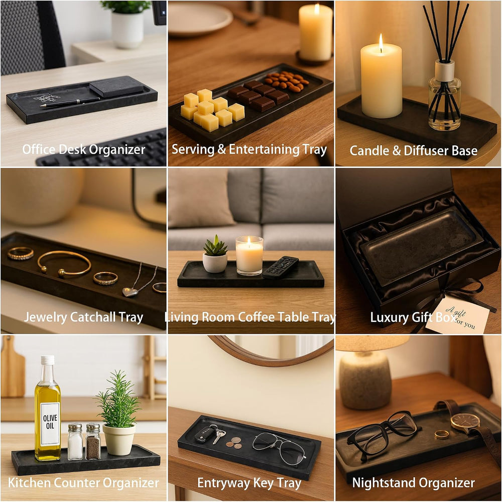 Matte Black Granite Vanity Tray - Natural Stone Rectangular Catchall, 10.6&qu...