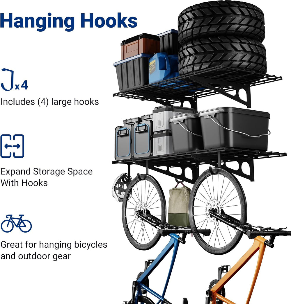 FLEXIMOUNTS 2-Pack 2x4ft Garage Shelving with Hooks, 600lbs Load, Black
