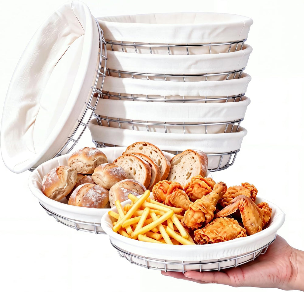 6 Pack Oval Metal Wire Baskets with Liner Cloth for Table Serving 9.5 x 6.2 x...