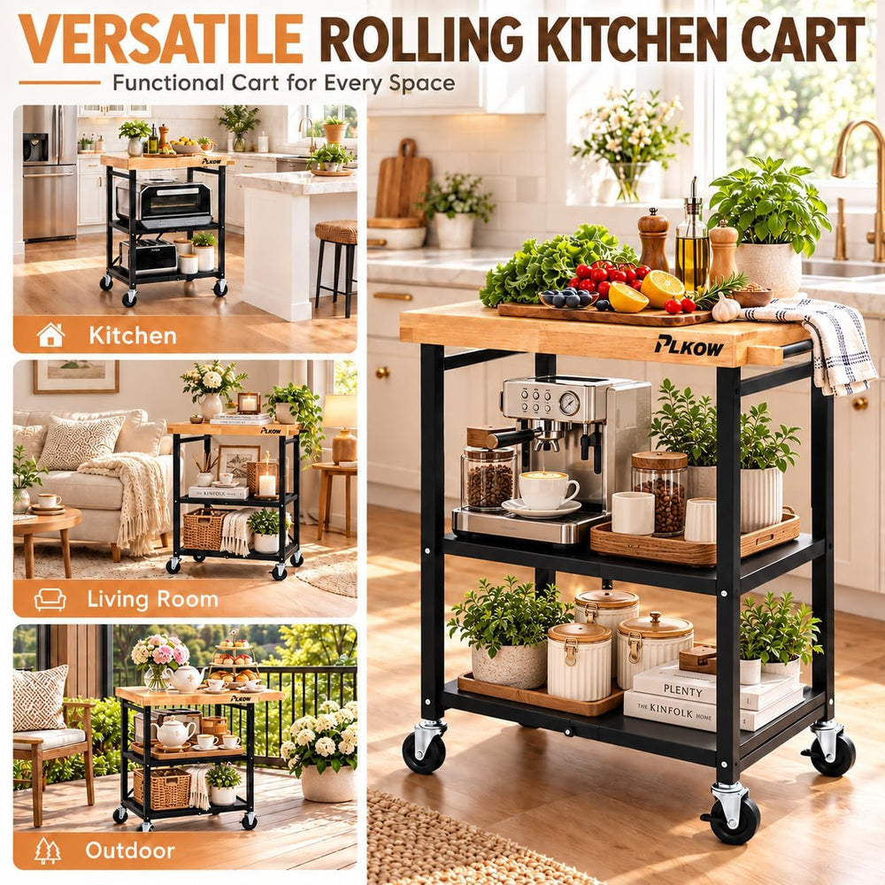 Foldable 3-Tier Rolling Kitchen Cart with Solid Oak Top, Black