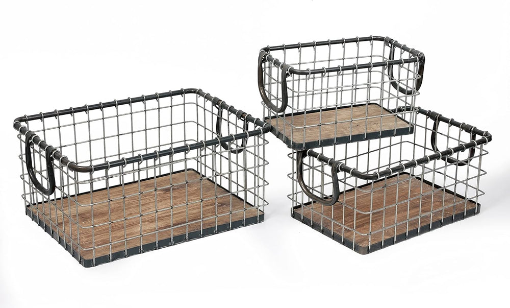 Set of 3 Rectangular Sturdy Hand Welded Farmhouse Metal Wire Basket with Rust...
