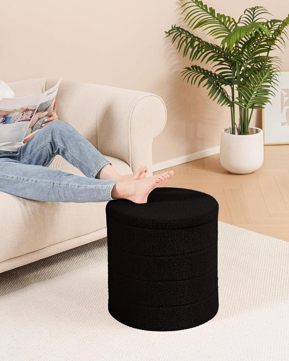 B FSOBEIIALEO Folding Storage Ottoman, Round Sherpa Ottomans, Black