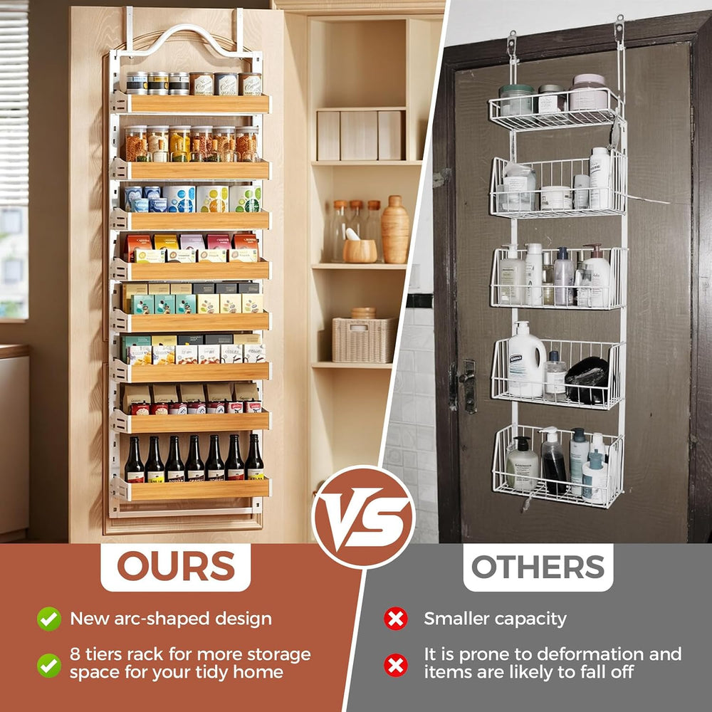 8-Tier Pantry Door Organizer, Over the Door Pantry Organizer with Wooden Adju...