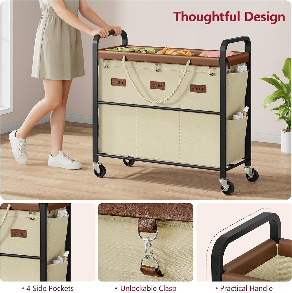 Tajsoon 148L Large Laundry Sorter 3 Section, Beige