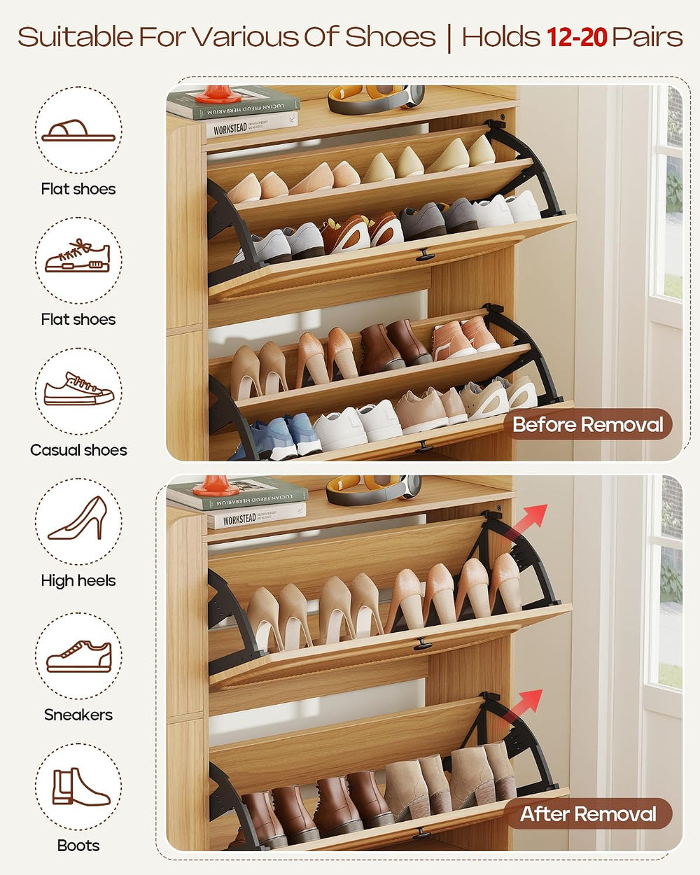 Turosur Shoe Cabinet Storage for Entryway, Adjustable Side Rack, Rustic Oak