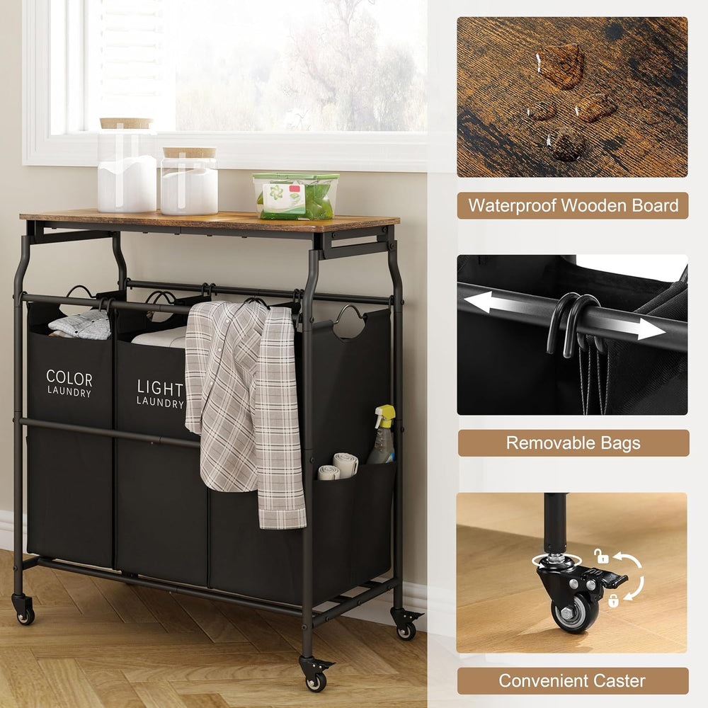 Hoctieon 3 Section Laundry Sorter with Iorning Board, Laundry Hamper, Black