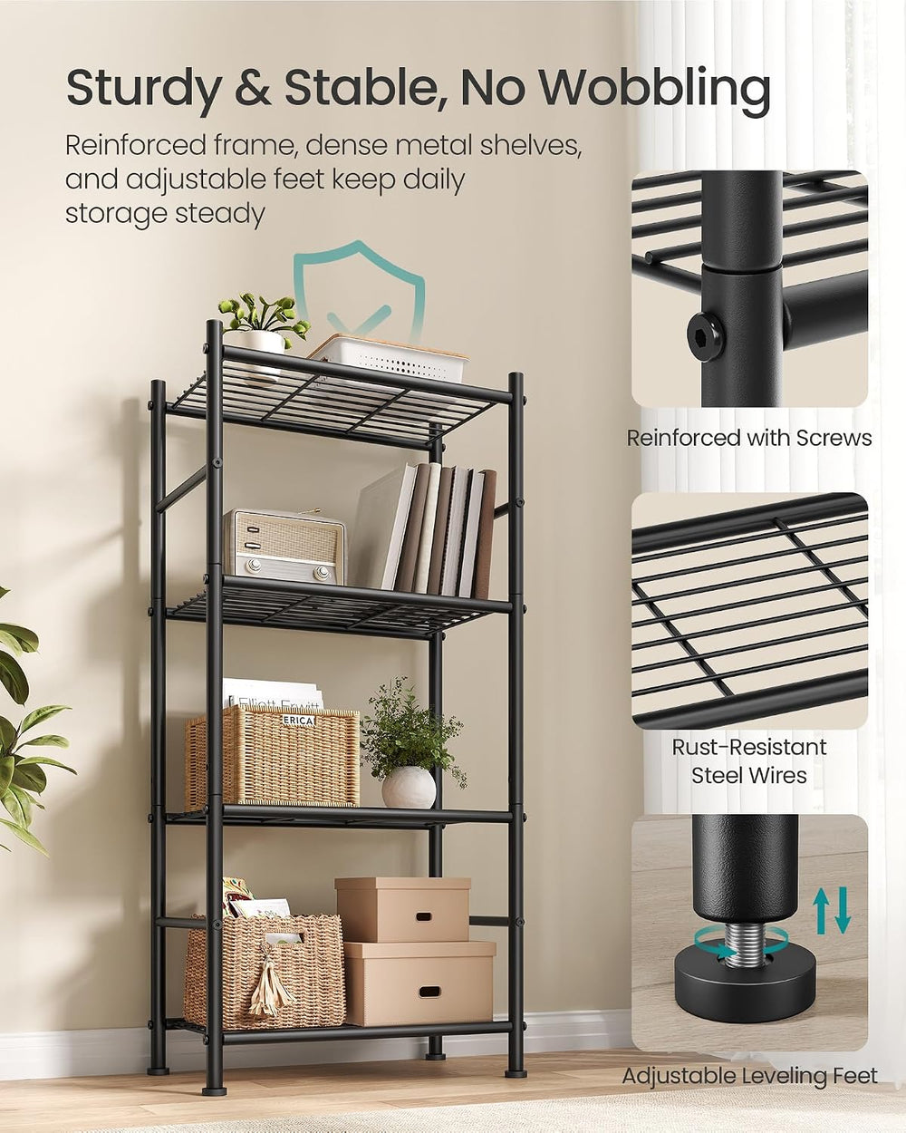 SONGMICS 4-Tier Shelving Unit, Steel Storage Rack, Easy Assembly