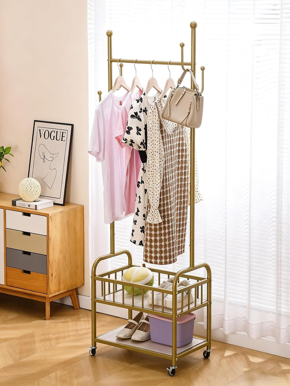 BOOSDEN Gold Clothing Rack with Wheels, Rolling Clothes Rack, Garment Rack