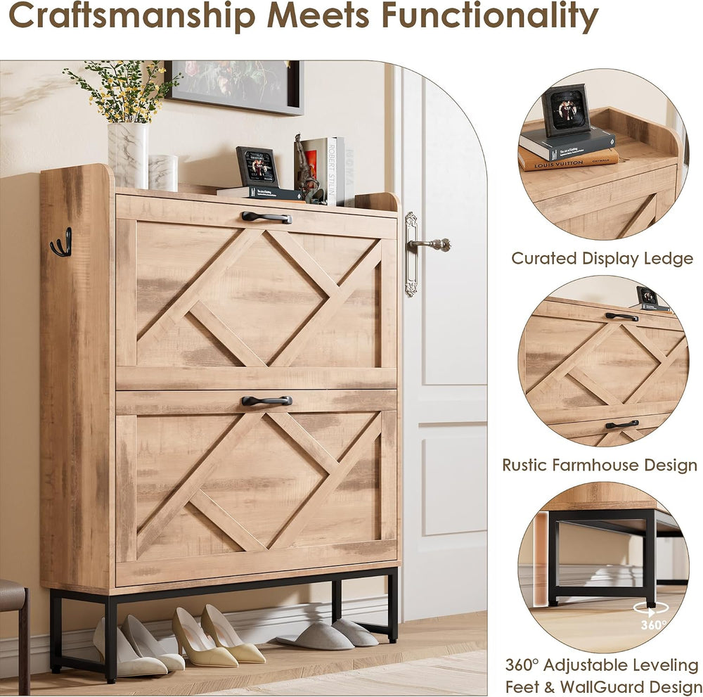 Nicetree Shoe Storage Cabinet with 2 Flip Drawers, Entryway Organizer, Oak