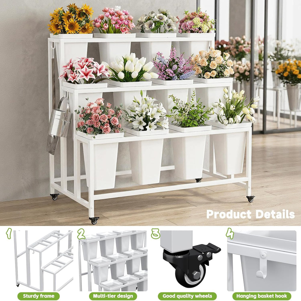 Flower Display Stand with 12 Buckets & Wheels – 3-Tier Mobile Flower Cart...