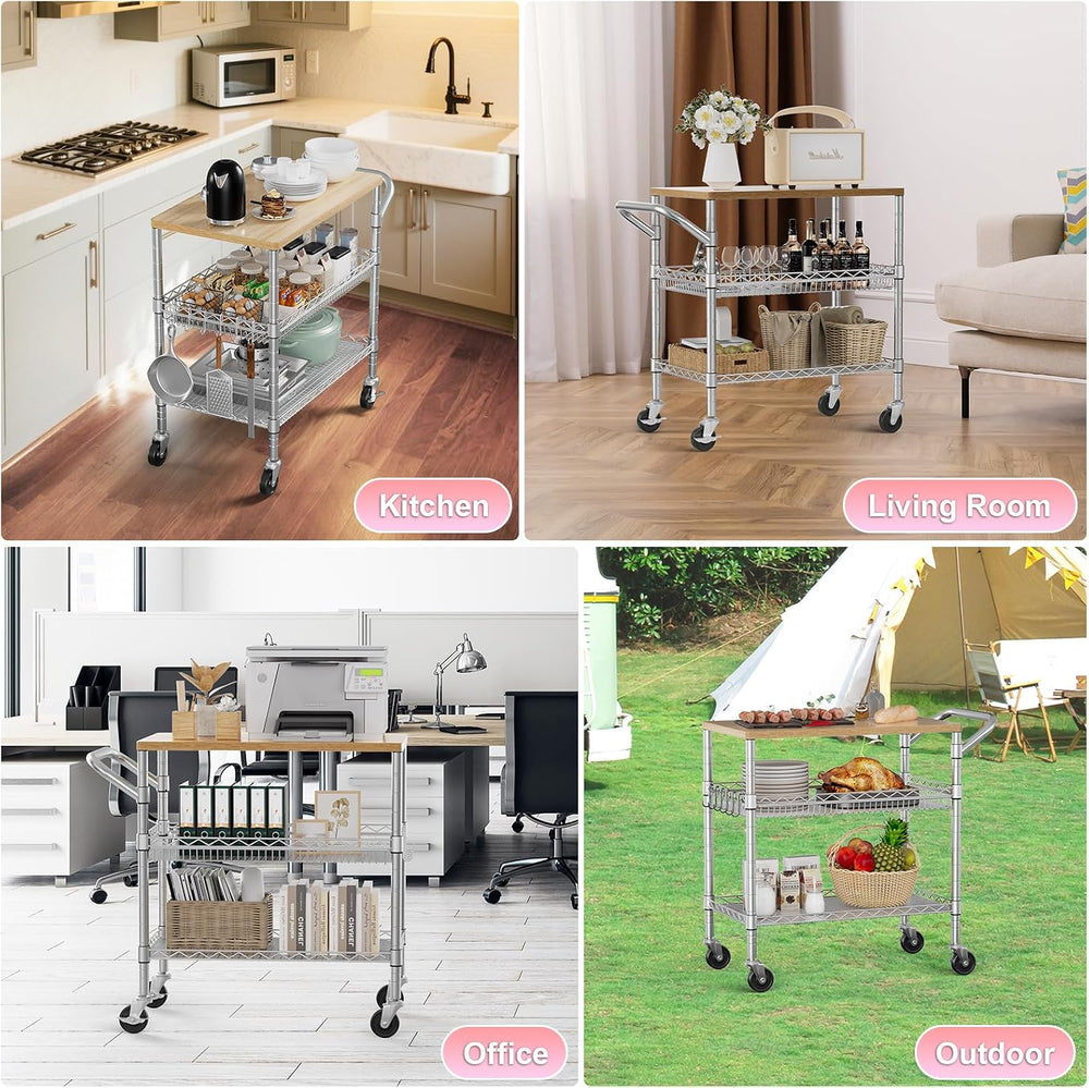 3 Tier Rolling Kitchen Carts with Wheels, Heavy Duty Rolling Utility Cart wit...