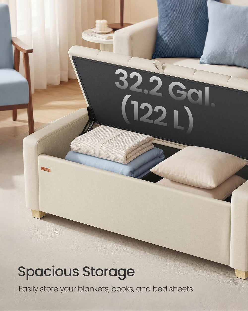 SONGMICS Storage Ottoman, 48 Inches Long Bed End Stool, Solid Wood Legs