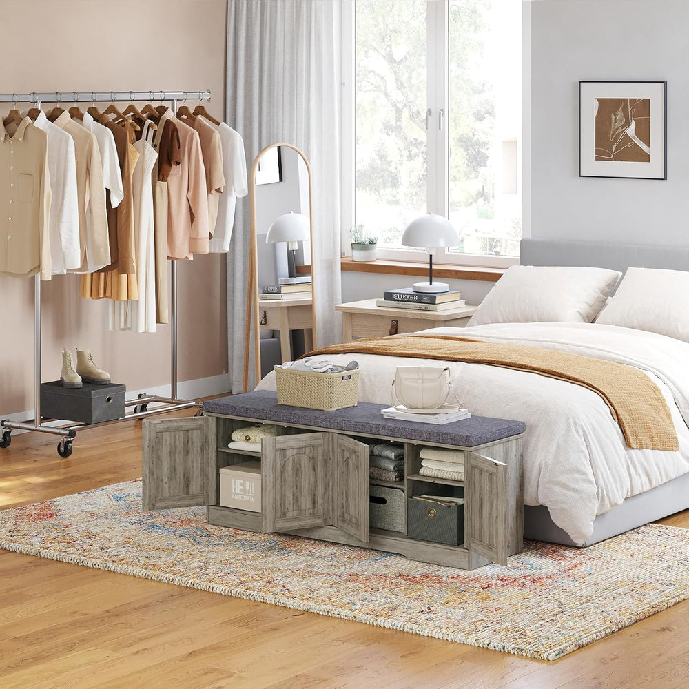 DINZI LVJ Shoe Storage Bench with Cushion, Door, Gray Wash 47.2" LX17.7 H