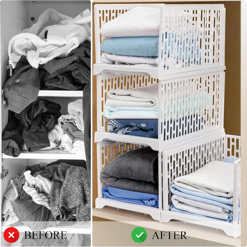 AVLA 4 Pack 38" Stackable Plastic Storage Basket, Plastic Foldable Close...
