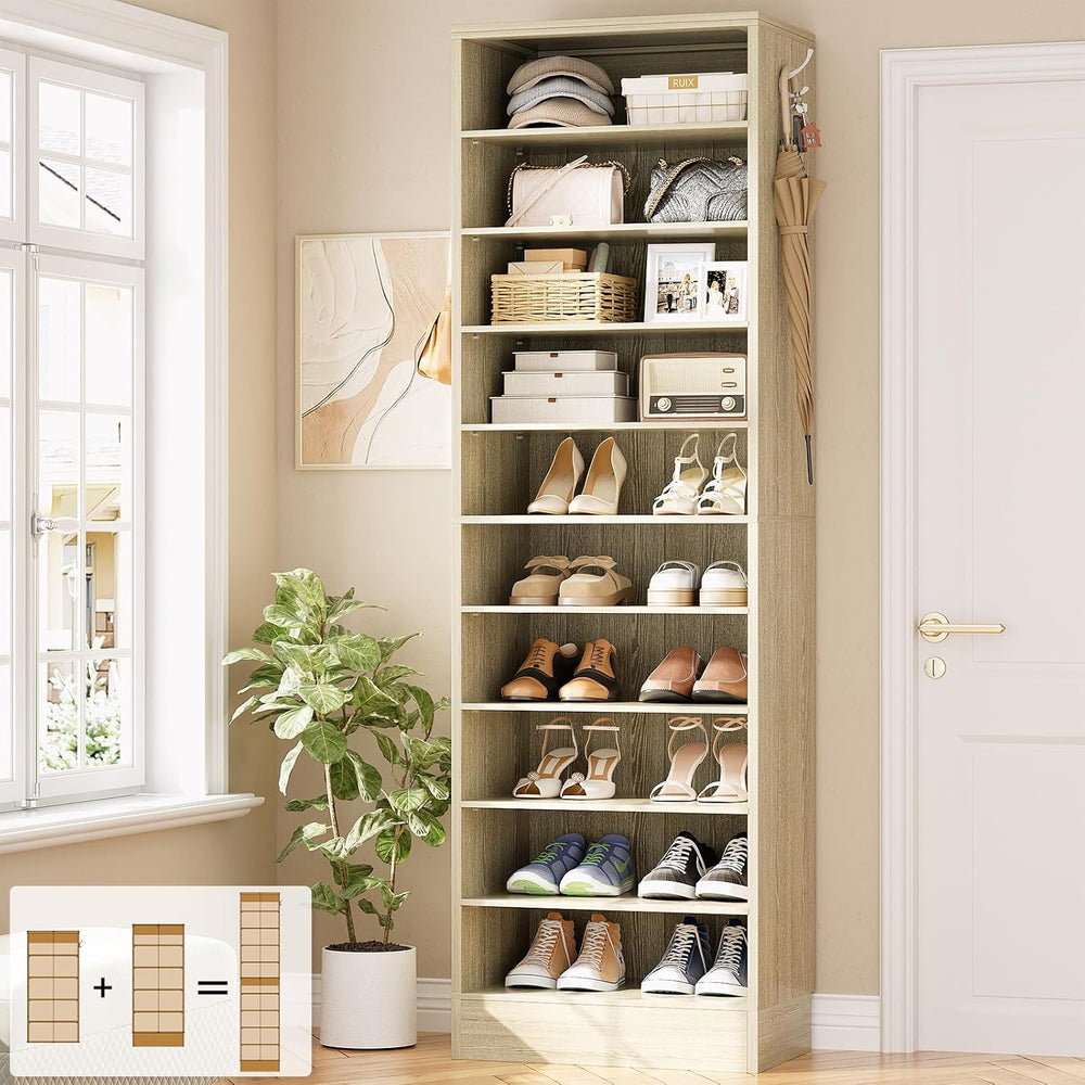 Aheaplus 10 Tiers Narrow Wood Shoe Rack,Tall Shoe Storage Cabinet,White Oak