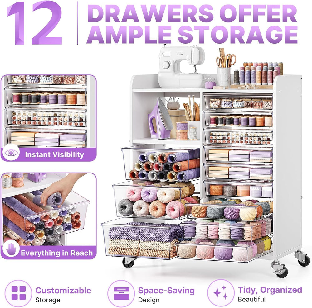 APEXCHASER 12-Drawer Storage Cabinet with Wooden Top and Open Shelf, White