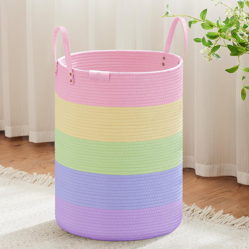 VIPOSCO 72L Tall Woven Rope Laundry Hamper, Leather Handles, Rainbow