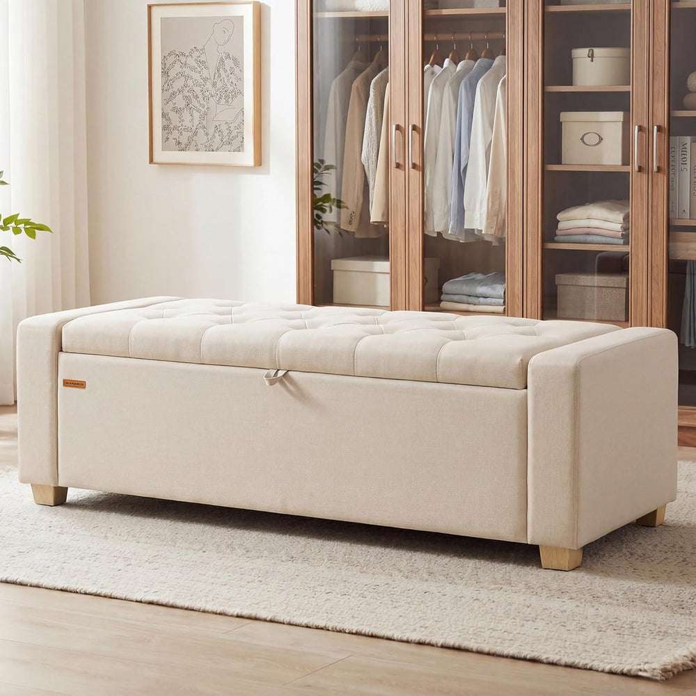 SONGMICS Storage Ottoman, 48 Inches Long Bed End Stool, Solid Wood Legs