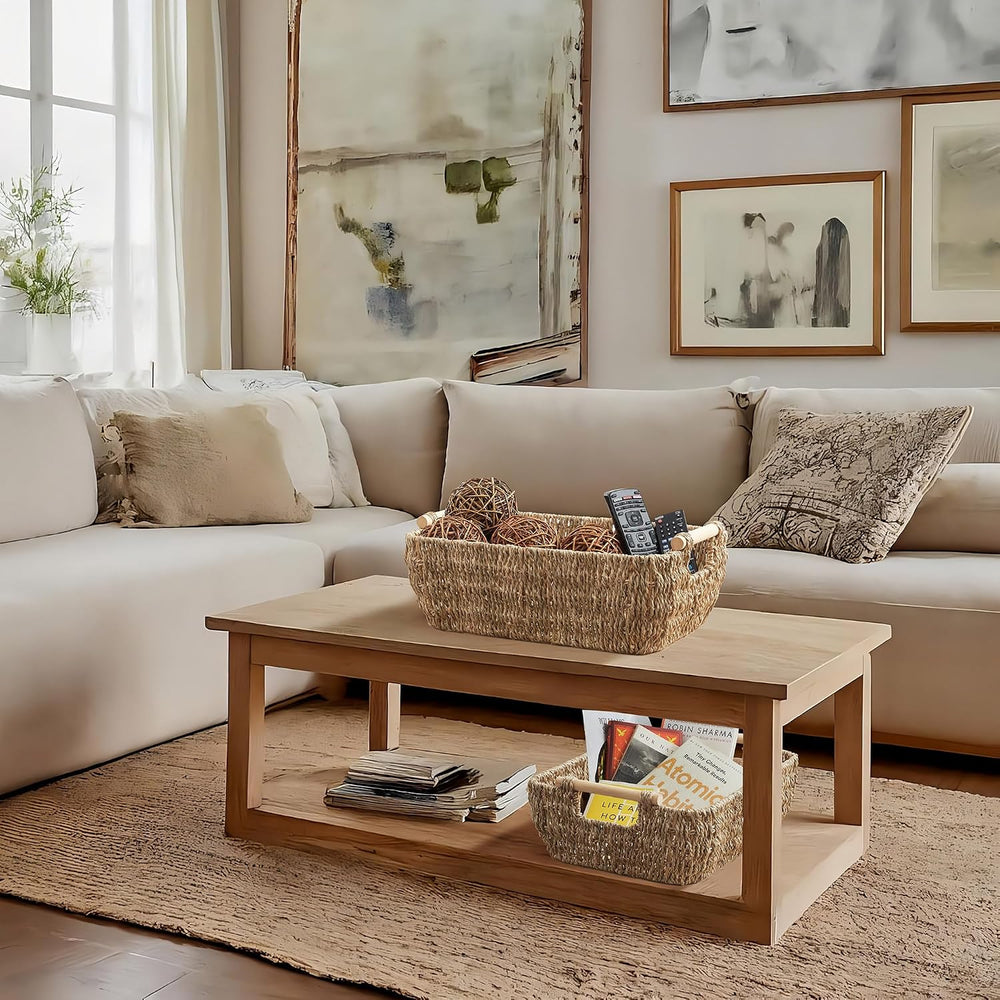 Casafield Set of 2 Seagrass Oval Storage Baskets with Wooden Handles - Large,...