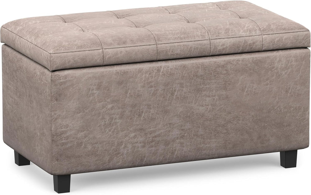 SIMPLIHOME Cosmopolitan 34" Wide Vegan Leather Storage Ottoman in Grey