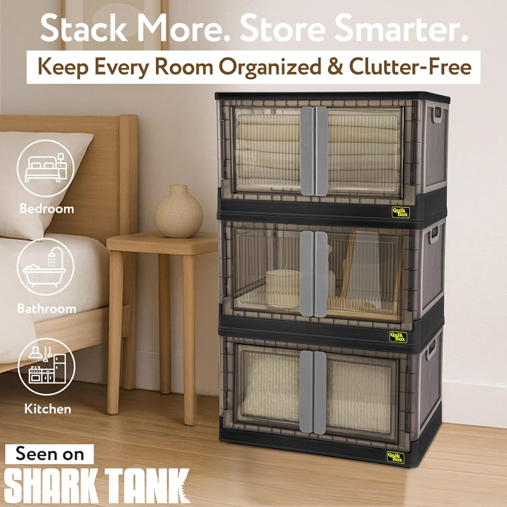 Quik Box - 19 Gallon 3 Pack Stackable Storage Bins with Doors, Collapsible Or...