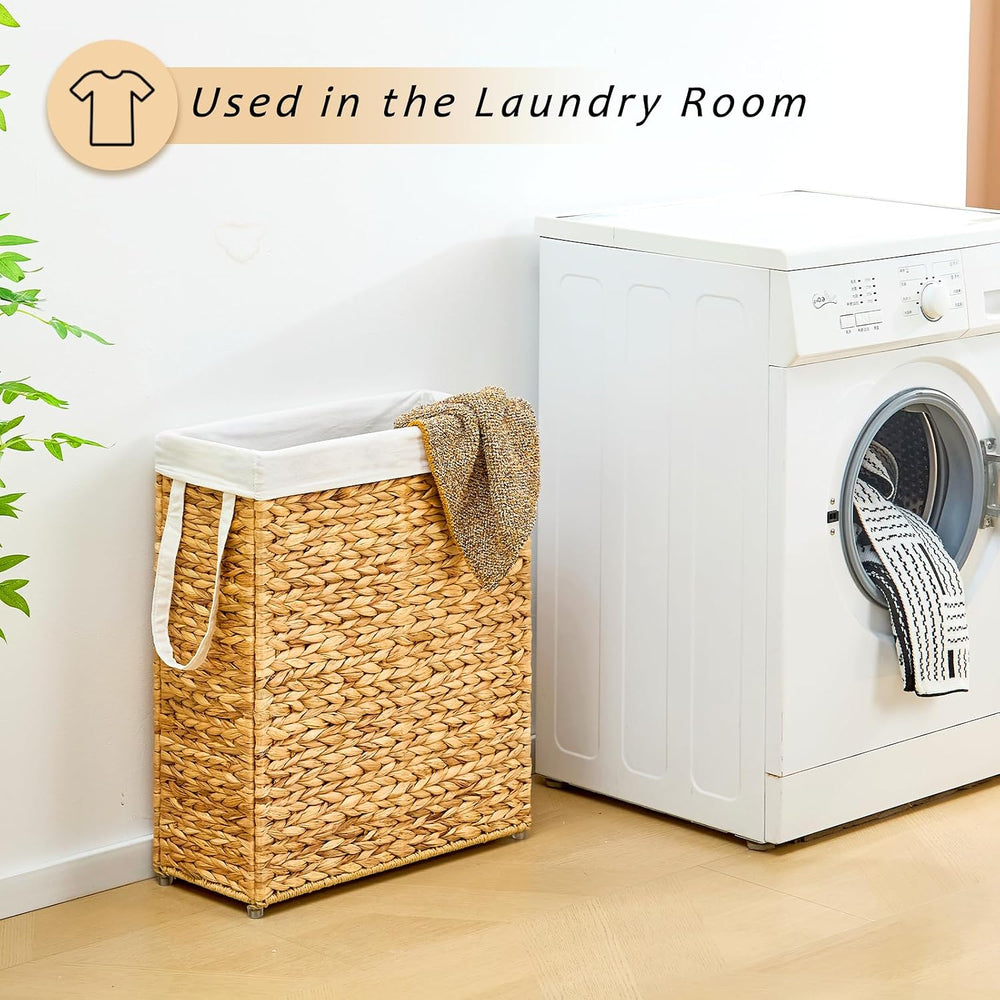Handwoven Slim Laundry Hamper, 75L Narrow Laundry Basket, Natural Water Hyaci...