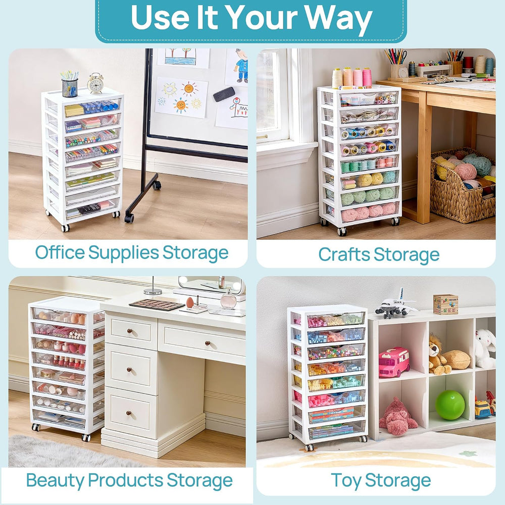 Vtopmart 8 Tier Rolling Cart with Drawers, Clear Plastic