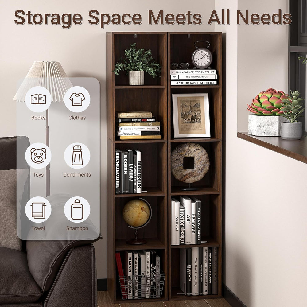 5 Cube Storage Organizer, Narrow Open Shelf Bookcase, Freestanding 5 Tier Low...