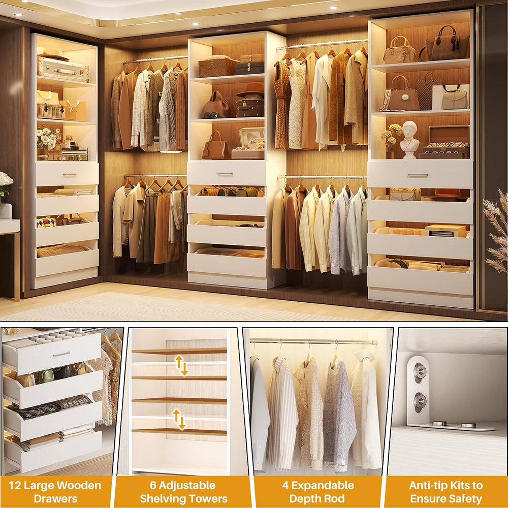 Aheaplus Closet System with 12 Drawers, 8.5-11.5Ft Closet Organizer System