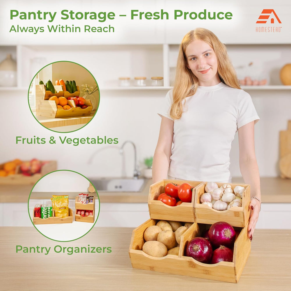 HOMESTEAD Bamboo Pantry Storage Bins – Stackable Potato & Onion Storage B...