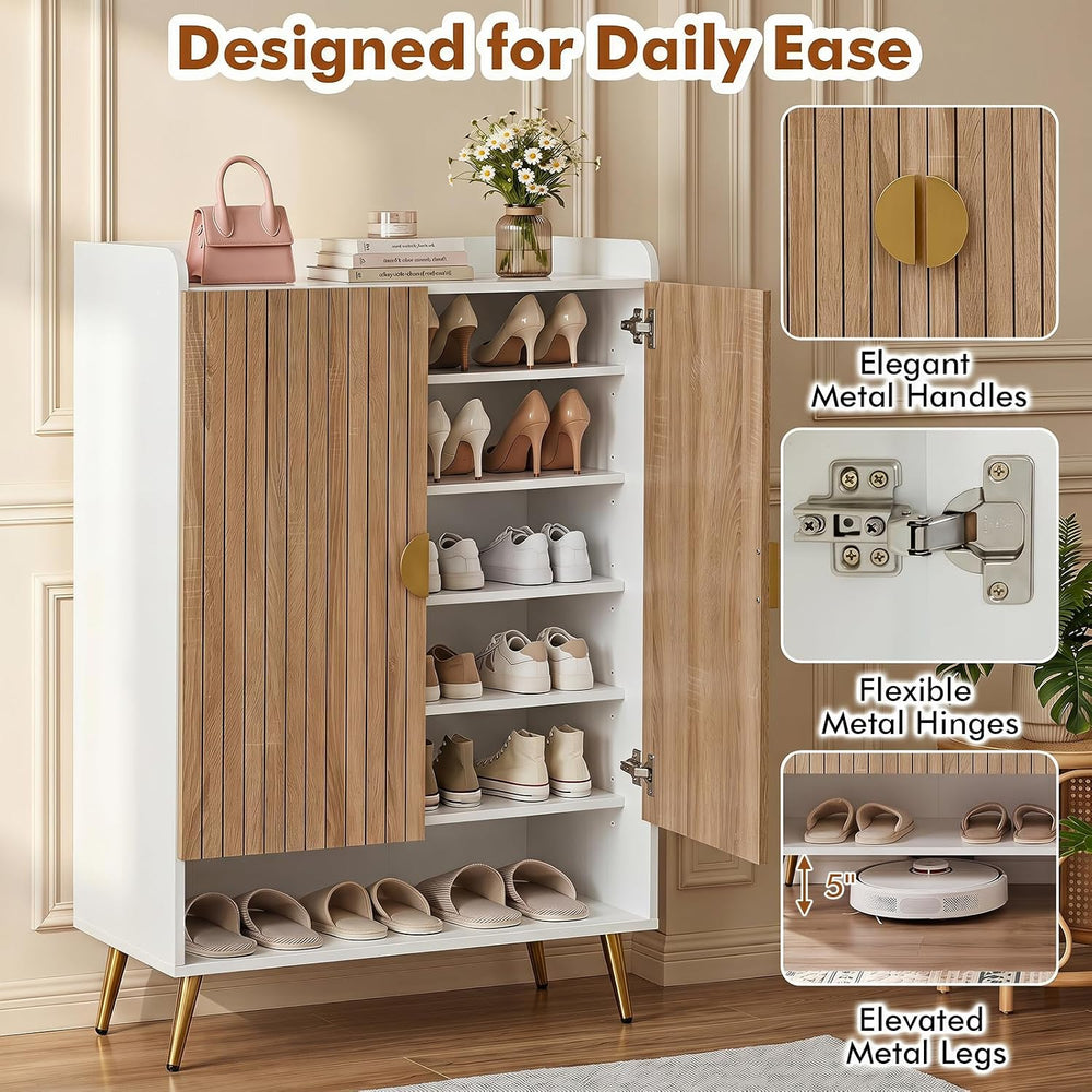 Giantex Shoe Storage Cabinet w/Door, Adjustable Shelves, Metal Leg, Natural