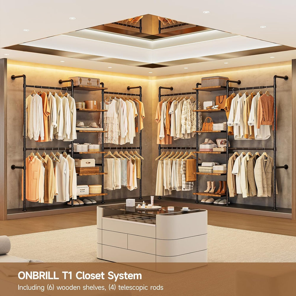 ONBRILL T1 Wall Mounted Closet System with 6 Wood Shelves & 4 Hanging Rods
