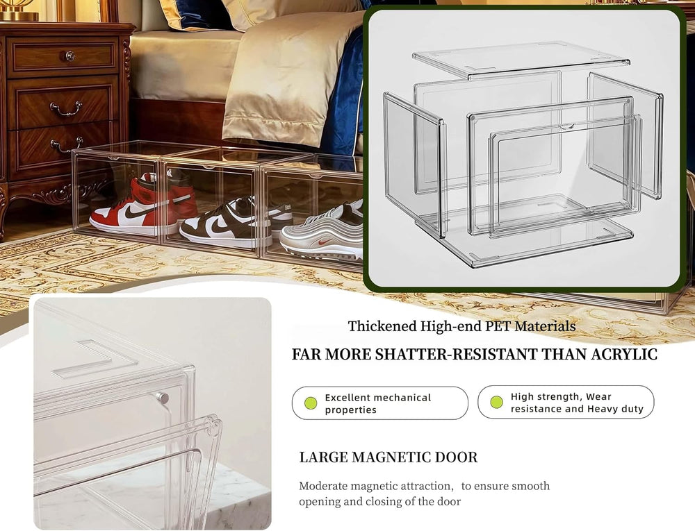 6 Pack Thickened Shoe Boxes Clear Plastic Stackable, Substantial Sneaker Stor...