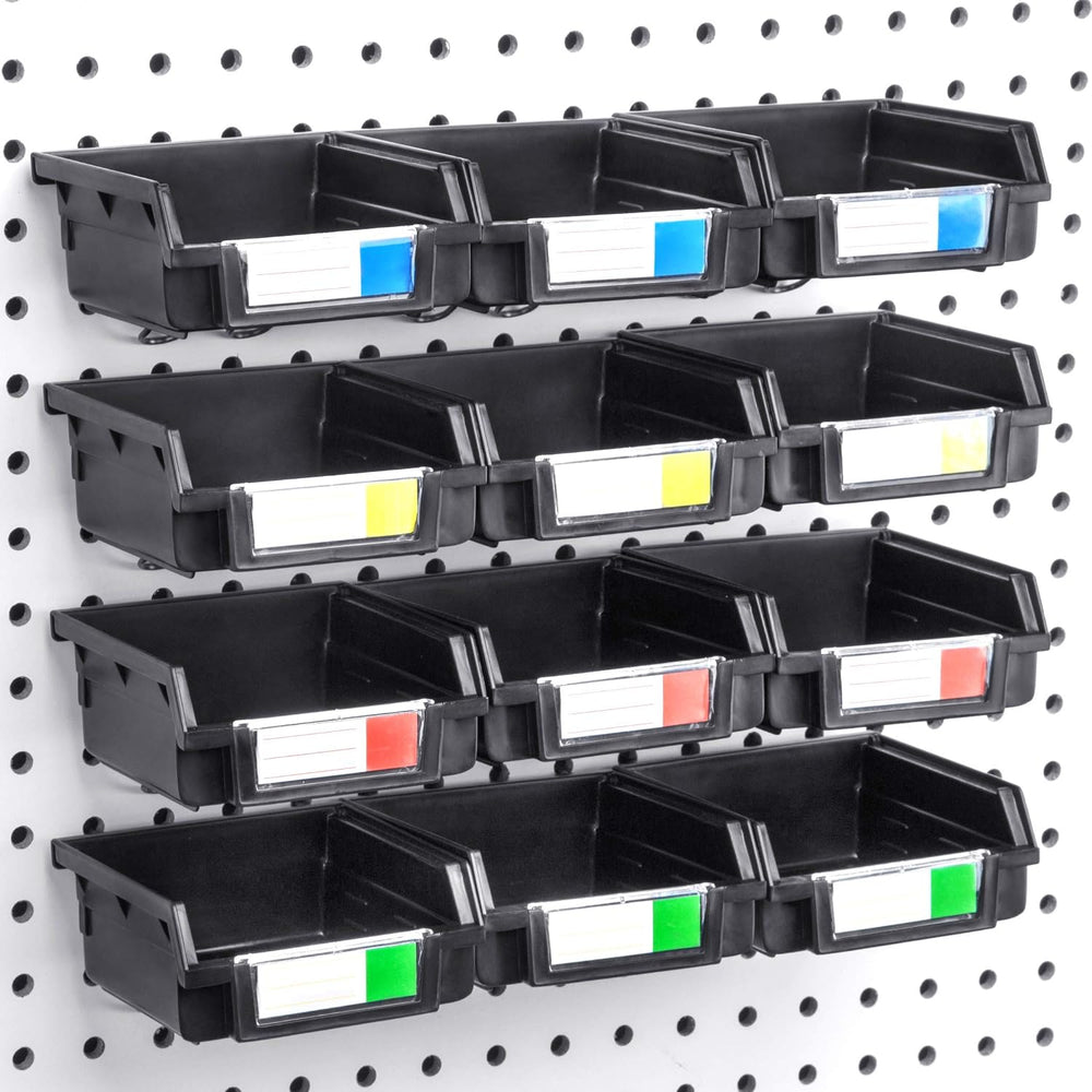 Pegboard Bins - 12 Pack Black - Hooks to Any Peg Board - Organize Hardware, A...