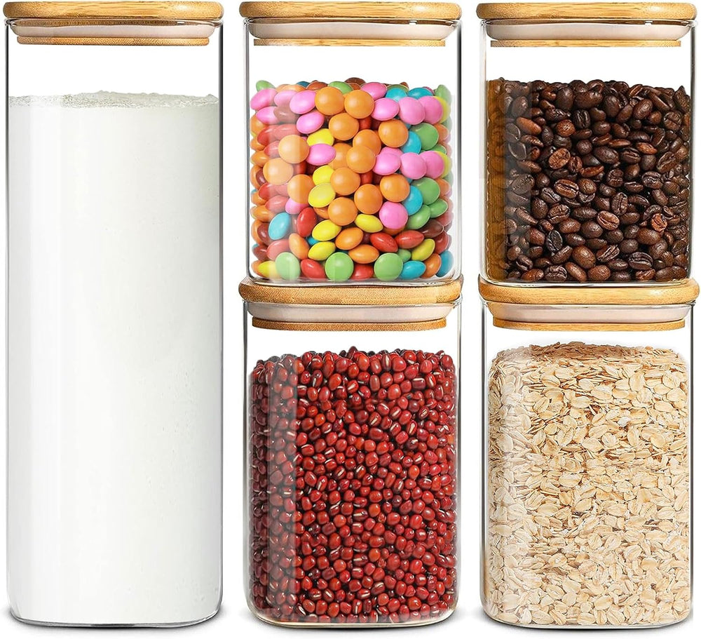 Glass Storage Containers with Airtight Bamboo Lids Muti Size Set of 5,Pantry ...