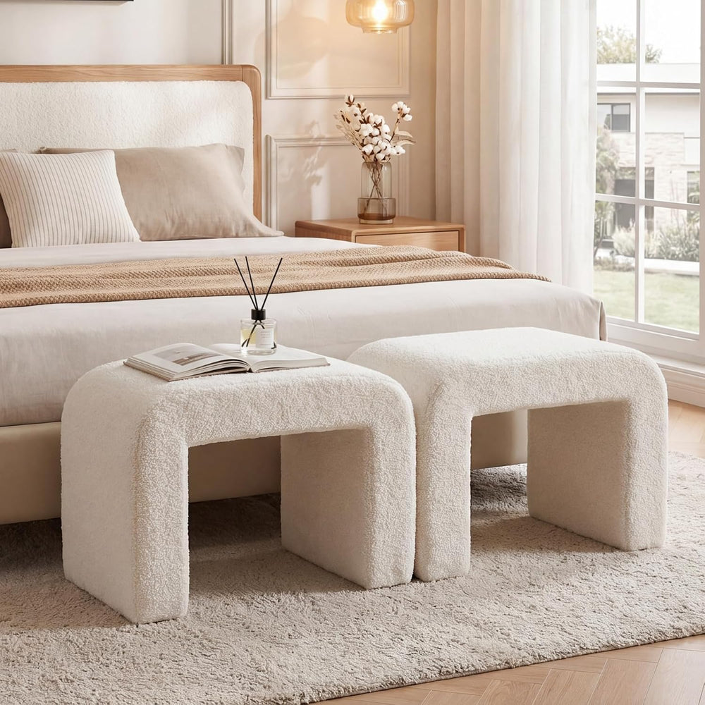Tribesigns Set of 2 Modern Vanity Stool, Sherpa Upholstered Foot Stool Ottoma...