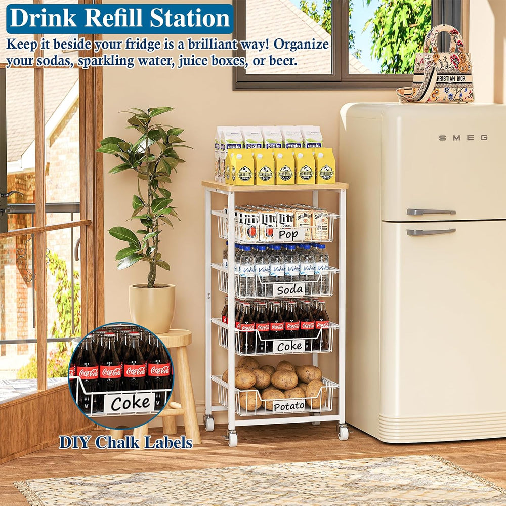 5-Tier Kitchen Storage Cart with 4 Upgraded Drawer Basket & Wood Top
