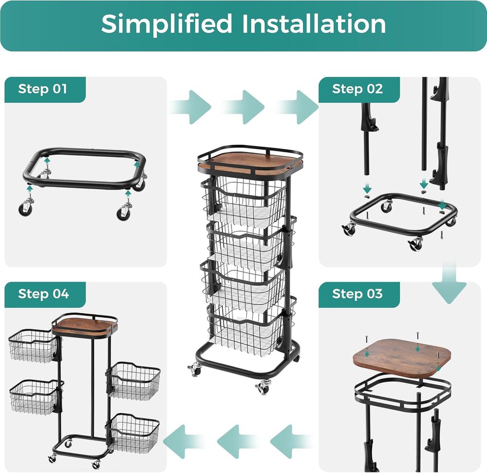 4 Tier Rotating Kitchen Storage Cart, Fruit Vegetable Potato Rack Stand